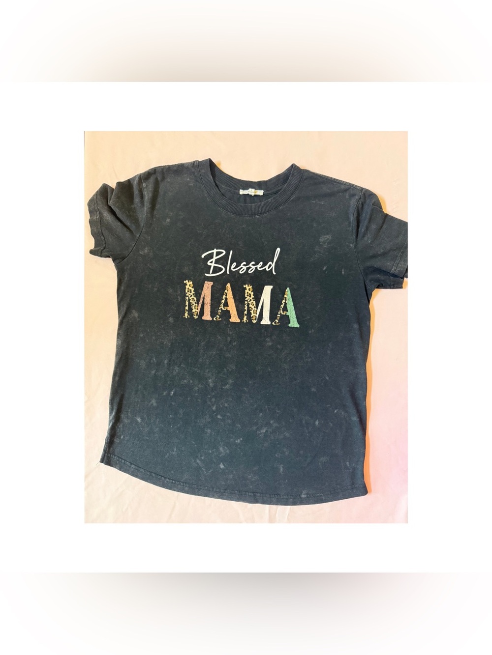 Maurices Black Acid Washed 'Blessed MAMA' Tee with Leopard & Pastel Letters-S